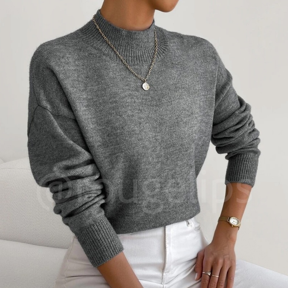 Grey Turtleneck Knit Pullover Sweater Long Sleeve